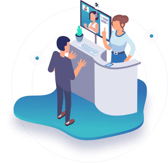 personne sourde signe devant ecran elioz sur le guichet ou stand